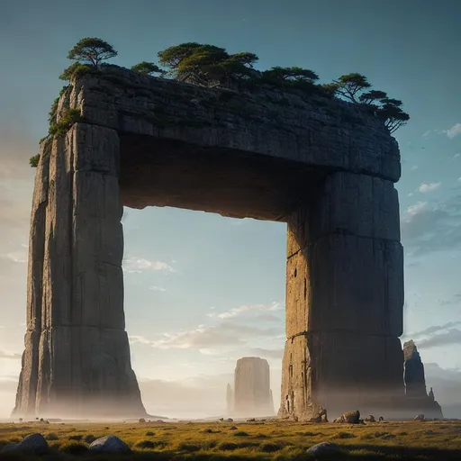 Prompt: Majestic portrait of a megalithic structure, ancient and awe-inspiring, towering height, mysterious aura, twilight lighting, highly detailed, reminiscent of Greg Rutkowski's epic concept art, trending on art platforms.