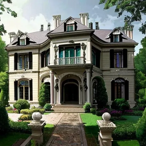 Prompt: Beautiful mansion, exterior, great gates, shiny windows, three floor, attic, sloop roof, slim towers, trees, garden, gateway