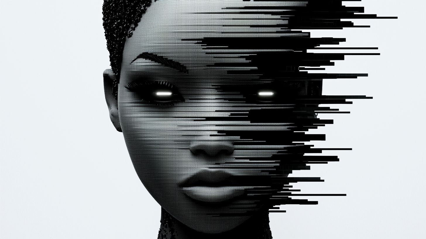 Prompt: Pixelated digital portrait of a young woman. Rendered in an organic sculpting style, infused with Afrofuturistic aesthetics. Ultra-high-definition image with painstakingly intricate details, highlighting robotic motifs and sculptural expression throughout --profile y8if64b