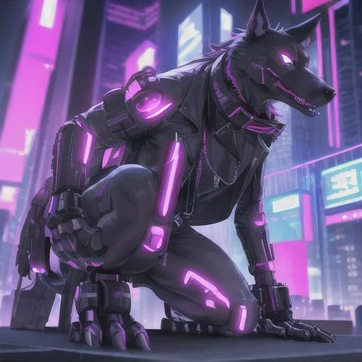 Prompt: In a cyberpunk-inspired image of a dog hacker, you might envision a futuristic setting with neon-lit streets and towering skyscrapers in the background. The dog hacker could be a sleek, augmented canine with cybernetic enhancements such as glowing blue eyes, augmented limbs, and neural interface implants.
The dog hacker might be wearing a high-tech collar with various gadgets and sensors, allowing it to interact with digital systems and hack into networks. Its fur could have a metallic or reflective sheen, giving it a futuristic appearance. It might have a data jack embedded in its head, symbolizing its ability to directly interface with computers and networks.
To further emphasize the cyberpunk theme, the dog hacker could be surrounded by holographic displays, floating lines of code, or virtual reality interfaces. It might be sitting in front of a computer terminal, manipulating data or cracking encryption codes with its cybernetically enhanced paws.
Overall, a cyberpunk dog hacker image would combine the elements of futuristic technology, augmented animals, and the dark, gritty atmosphere typically associated with the cyberpunk genre.