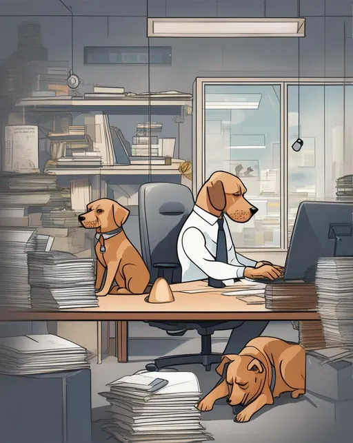 Prompt: An image capturing the spirit of Work Like A Dog Day, showing determination, diligence, and a bustling atmosphere of productivity.