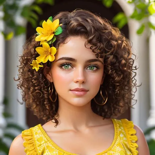 Prompt: A girl with curly brown hair ,green eyes, wearing yellow, yellow flower in her hair, facial closeup