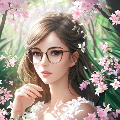 Prompt: Scenic shot of Cute beautiful lady wearing large round shape glasses , laying in lily blossoms  in summer forest with cummingbirds flying as background,, eyes looking at camera , stray hair,, perfect slim body, smooth soft white pale skin, soft natural lighting, studio lighting, detailed natural skin texture, soft lighting, detailed face, photo realism, soft pastel colors sparkling, , photorealistic , sharp focus, 8k, perfect composition, trending on artstation, award-winning photograph, unreal engine 5, cinematic smooth, intricate detail, studio photo, highly detailed.