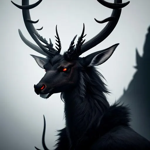 Prompt: portrait of a wendigo inspired dragon with a deer or canine like skull, intimidating antlers, and glossy black fur, overall grim atmosphere, disturbing vibe, emotionless, NO WINGS, CGI render, hyperrealistic, super detailed, 8k, high quality, trending art, trending on artstation, sharp focus, studio photo, intricate details, highly detailed