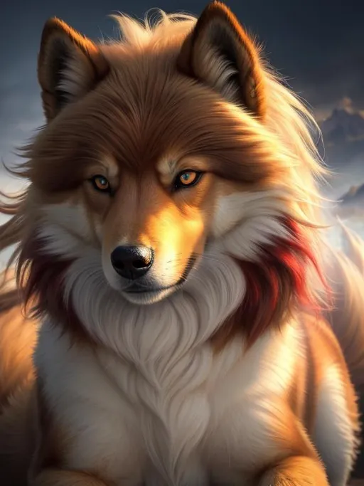 Prompt: 8k, 3D, UHD, masterpiece, oil painting, best quality, artstation, hyper realistic, photograph, perfect composition, zoomed out view of character, 8k eyes, Portrait of a (beautiful Ninetales), {canine quadruped}, thick glistening deep gold fur, deep sinister (crimson eyes), ageless, lives a thousand years, epic anime portrait, vindictive, angry, growling, vengeful, wearing a beautiful (silky scarlet and gold scarf), thick white mane with fluffy golden crest, golden magic fur lighlights, studio lighting, animated, sharp focus, intricately detailed fur, graceful, regal, cinematic, possesses fire element, blizzard, snow mountain, magnificent, sharp detailed eyes, beautifully detailed face, highly detailed starry sky with pastel pink clouds, ambient golden light, plump, perfect proportions, vector art, nine beautiful tails with pale orange tips, insanely beautiful, highly detailed mouth, symmetric, sharp focus, golden ratio, complementary colors, perfect composition, professional, unreal engine, high octane render, highly detailed mouth, Yuino Chiri, Anne Stokes
