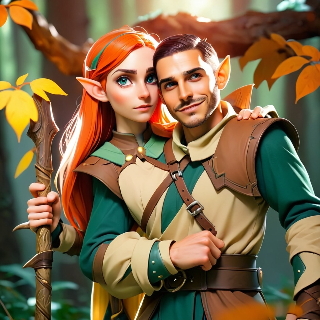 Elf ranger in a mystical forest around sunlight