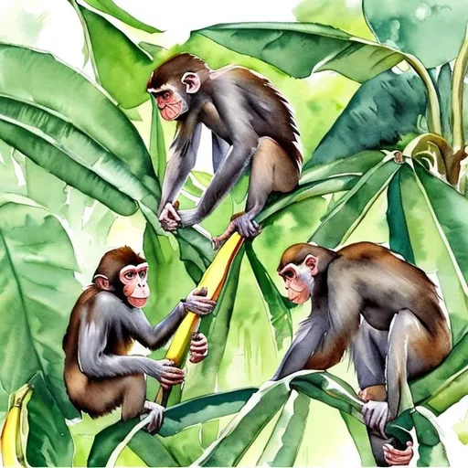 Prompt: Monkeys raiding a banana grove in watercolor