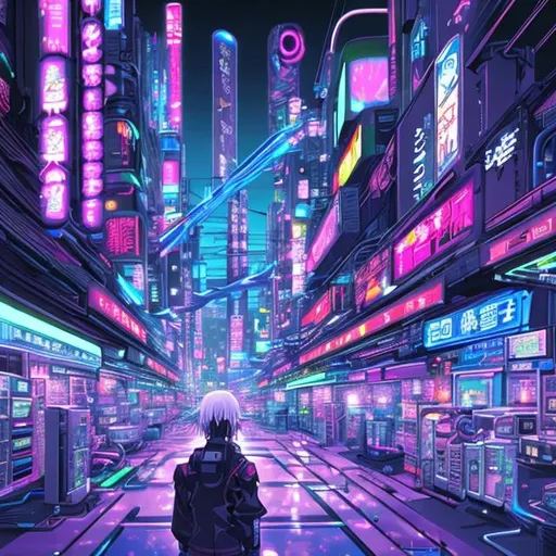 Prompt: Logo for online anime computer accessory shop: “Futuristic anime tech landscape with playful elements. Media: Digital Painting. Style: Cyberpunk. Reference artist: Masamune Shirow. Descriptive words: Neon, Sleek, Energetic, Edgy, Luminous.”