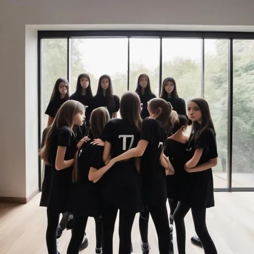 Prompt: A number of girls in front of a tall window with black T-shirts