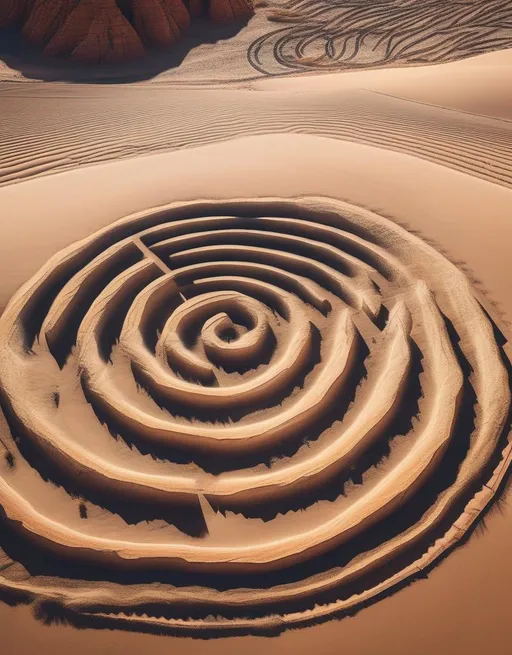Prompt: A stunning minimalist land art image of a spiraling rock labyrinth outline in the desert, shot from above with the winding path leading toward the towering mountains. 