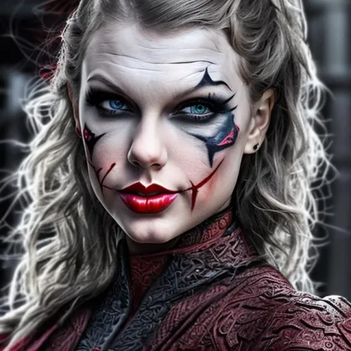 Prompt: taylor swift, beautiful, detailed face, sith armor, joker makeup, darth maul face tattoo, skinny, anorexic, model pose