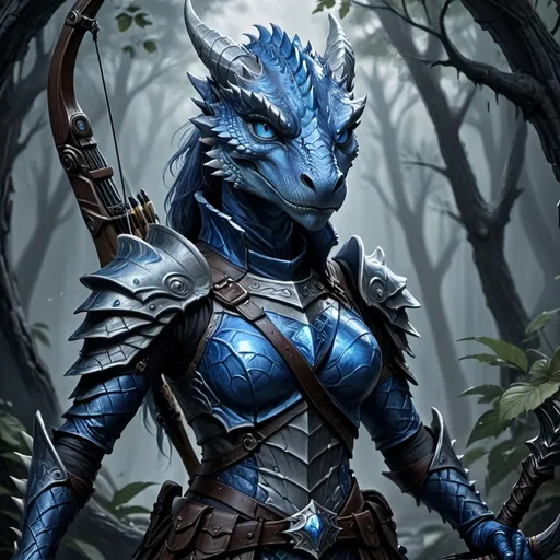 Prompt: Female Dragonborn, slim adult, powerful stance, intricate scale texture, fierce blue and silver color palette, dark and moody atmosphere, ethereal glimmer in her eyes, adorned in shadowy leather armor, equipped with a sophisticated crossbow, an ominous forest background, high-detail portrait, fantasy art style, dynamic lighting, vibrant details, epic and heroic vibe.