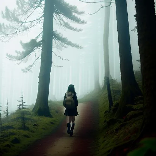 Prompt: A teenage girl walking in creepy hilly forest at morning, with fog, cabin, in the limbo, Silent Hill inspired.