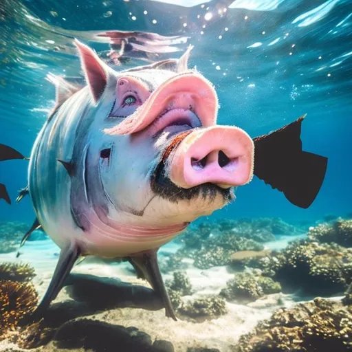 Prompt: A tuna fish wearing a snorkel eating a pig