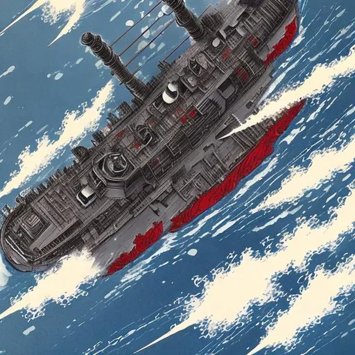 Prompt: IJN Musashi Sinking Struck with Torpedoes and Explosions in Acrylic