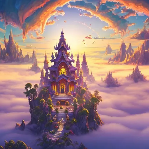 Prompt: A small temple of the dream realm floating above clouds in the sunny sky multi colourful 4k high quality beautiful fantasy crowded with a lots of magical people 