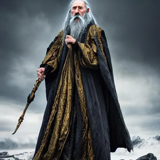 Prompt: Old wizard, grey hair and with long beard, dark castle, perfect composition, full body length, black and golden cloak, full color, hyperrealistic, super detailed, 8k, high quality, trending art, sharp focus, studio photo, intricate details, highly detailed