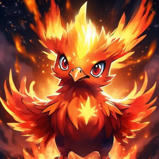 Prompt: pokemon art style, portrait of a baby starry phoenix made of fire that is glowing, flying, flaming head, mouth open, glistening flowing flaming feathers, glowing red eyes, bioluminescent, volcano, eruption, lava, magma, fireballs, sunset, beneath the stars, masterpiece, highres, best quality, concept art, 64k, highly detailed, vibrant, professional, UHD