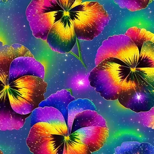 Prompt: Metallic rainbow pansies in outer space in the style of Lisa frank