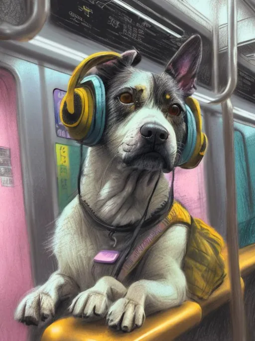 Prompt: chalk pastel art of a detailed dog listening to music on the subway train in cyberpunk japan, sketch, detailed background, highres, fun atmosphere, natural lighting,  abstract, fun