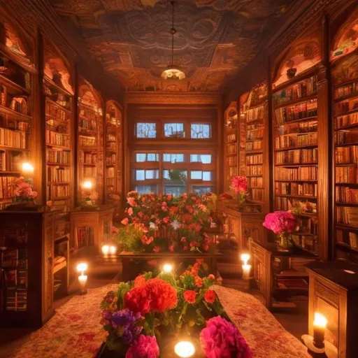 Prompt: A candle lit library with flowers on the walls