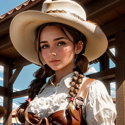 Prompt: Create a high-quality professional image of a young woman with brown hair tied in a long pigtail under a cowboy hat. She's on a small cowboy town in the front of the saloon. The year is 1850.

The image should be realistic and detailed, with vivid colors and sharp contrasts.
The woman should have brown hair tied in a long pigtail under a cowboy hat. She should wear a corset, a long tan jacket, and leather boots with a lot of details. She is leaning on a wooden pillar, in front of the saloon in a small cowboy town, the sky is at sunset, a few small scattered clouds. 

heavenly beauty, 8k, 50mm, f/1. 4, high detail, sharp focus, perfect anatomy, highly detailed, detailed and high quality background, oil painting, digital painting, Trending on artstation, UHD, 128K, quality, Big Eyes, artgerm, highest quality stylized character concept masterpiece, award winning digital 3d, hyper-realistic, intricate, 128K, UHD, HDR, image of a gorgeous, beautiful, dirty, highly detailed face, hyper-realistic facial features, cinematic 3D volumetric, illustration by Marc Simonetti, Carne Griffiths, Conrad Roset, 3D anime girl, Full HD render + immense detail + dramatic lighting + well lit + fine | ultra - detailed realism, full body art, lighting, high - quality, engraved | 