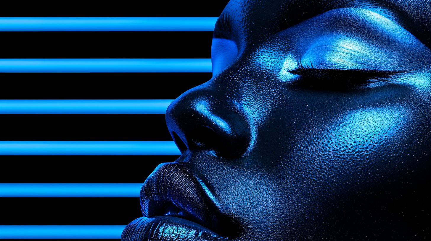 Prompt: Her silhouette against a backdrop of intersecting black bars, in a mix of airbrush and digital art, bronze and navy blue, neon grids of holographic glass, echoing Taras Loboda, elegant beauty, geometric grid