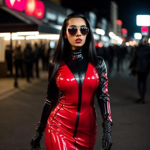 Prompt: Beautiful woman from a random country, futuristic black sunglasses wearing a red and black latex futuristic avant-garde dress, walking in the street, at night, highly detailed, ambient light, red neon lights, close-up, provocative.