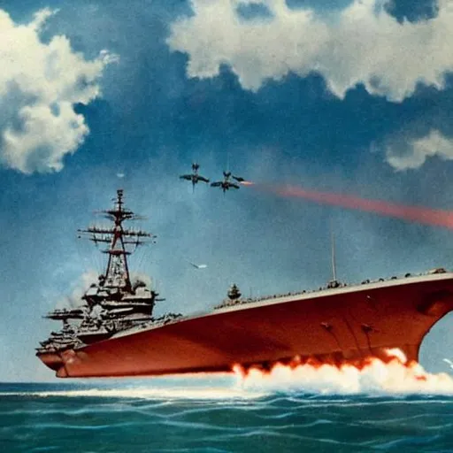 Prompt: high quality poster themed on the battle for midway, ww2 airplanes fighting in the sky and two aircraft carrier in the background, battle is placed at the ocean with few ilands in the back, there is smoke coming from one of the carriers and its sinking. At the bottom there is a medium sized text saying MIDWAY in red 