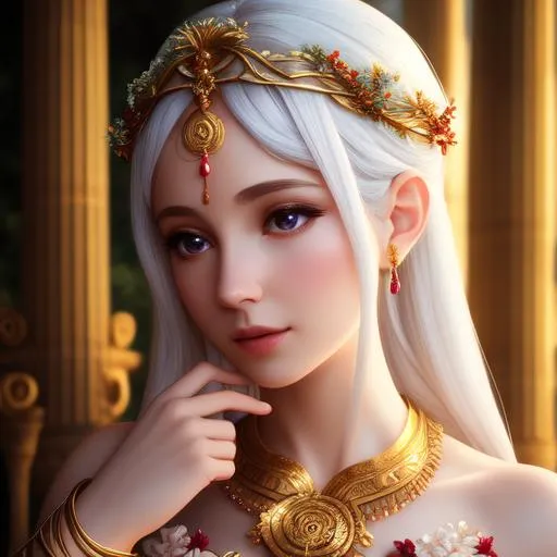 Prompt: Realistic, insanely beautiful mythical Greek Goddess, thin_short_small_ears, Highly Detailed body, smooth, wine Furisode, entire body shown, random silver hair, circlet, full body, cinematic, 64K, UHD,