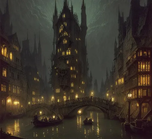 Prompt: photo of Night scene in a dark, Fantasy, multi-level city with 10 story buildings made of wood and stone, with many narrow canals, many crude wooden bridges span the canals, connecting the building, lord of the rings, merovingian nights, woodpunk, industrialpunk,in the style of the brothers hildebrandt,in the style of frank frazetta, detailed,hdk 8k