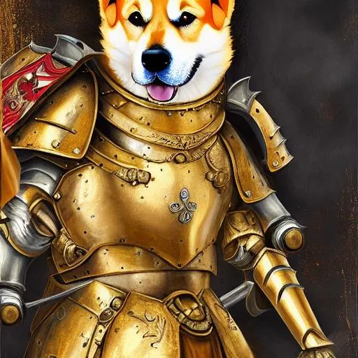 Prompt: A highly detailed painting of two dogs, Shiba Inu, Golden Retriever, armor, medieval, hunting, centered, digital painting, Multi layered, complex