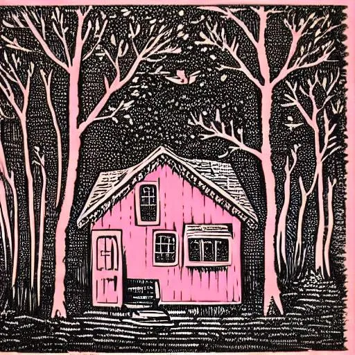 Prompt: Woodcut linocut pink and orange cottage fairytale forest  home sweet home 