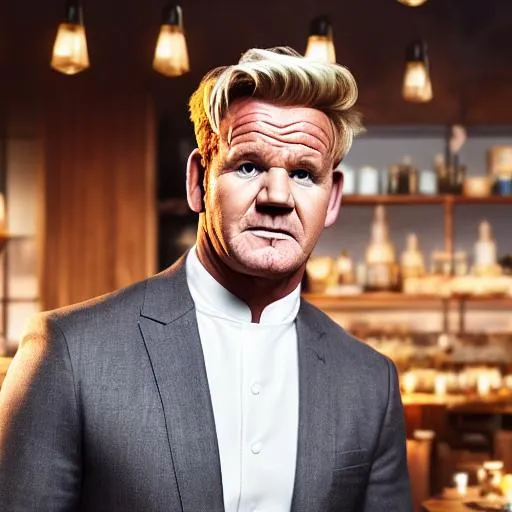 Prompt: Portrait of {Gordon Ramsay} with {blonde} hair and with cute face, {restaurant background}, perfect composition, hyperrealistic, super detailed, 8k, high quality, trending art, trending on artstation, sharp focus, studio photo, intricate details, highly detailed, by greg rutkowski