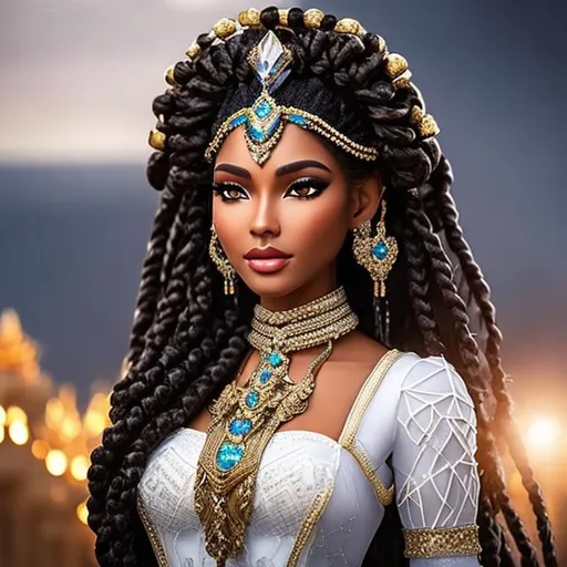 Prompt: A graceful queen of a forgotten civilization with a long gown huge crystal crown and white hair and a crystal throne room realistic brown skin with braids full body picture 