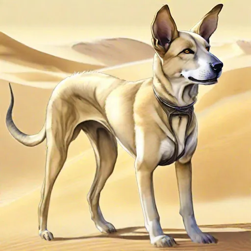 Prompt: Alik'r Dune-Hound, solid sandy fur, floppy dog ears, thin wire tail, existing in the desert dunes, masterpiece, best quality, (in watercolor painting style)