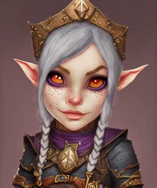 Prompt: A fantasy portrait of a cute but sinister looking, and freckled female gnome sorceress, pathfinder