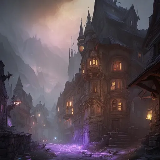 Prompt: extreme long shot concept art depicted old german mountain necromancer town, dramatic mood, overcast mood, dark fantasy environment, arcane purple glow, dieselpunk, art inspired by league of legends and arcane, style by jason engle and jordan grimmer, trending on artstation, unreal engine, golden ratio, spectacular composition