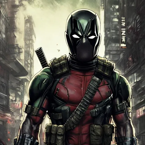 Prompt: Redesigned Gritty black and dark green futuristic military commando-trained villain deadpool Bloody. Hurt. Damaged mask. Accurate. realistic. evil eyes. Slow exposure. Detailed. Dirty. Dark and gritty. Post-apocalyptic Neo Tokyo with fire and smoke .Futuristic. Shadows. Sinister. Armed. Fanatic. Intense. 