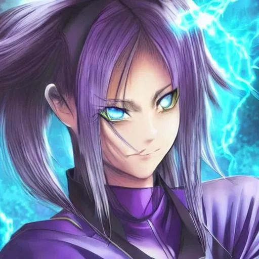 Prompt: Beautiful female, detailed eyes, has a sword emanating lightning, a young anime woman with long purple