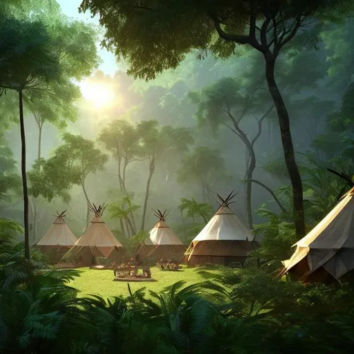 Prompt: a lush green forest with beautiful trees, nice daylight, nice weather, indian tribe tents. Trending on artstation, 4k digital art
