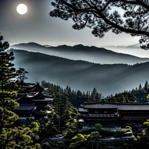 Prompt:  house, horror, at midnight ,  full moon shining bright , mountain , dark forest , fire's ,  two samurai  fight