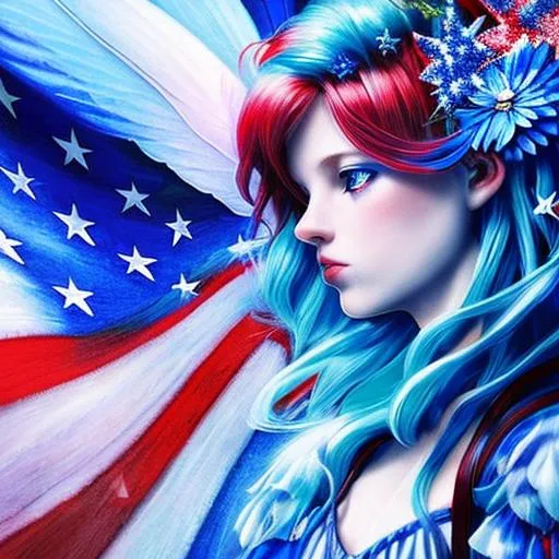Prompt: fairy goddess of the 4th of July u,s, patriotic, gothic, dreamscape, vivid colors of red, fwhite and blue ,closeup