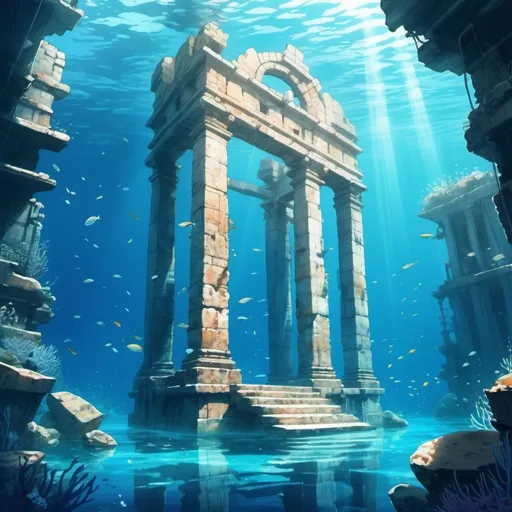 Prompt: underwater ruins, turquoise, quiet rock site
anime style, illustrated
