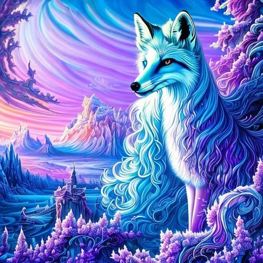 Prompt: masterpiece:1.5, detailed oil painting, insanely detailed, Best Quality:1.5) insanely beautiful wise vixen fox, ageless, ice elemental, lavender pelt, (veiled in auroras), psychedelic colors, (calm hypnotic eyes gleaming amethyst-violet), calm regal smile, stands majestically on a celestial mountain, gorgeous frosted silver mane, insanely detailed fur, insanely detailed eyes, insanely detailed face, slender, (magic violet highlights in fur), crackling lightning, ice storm, (lightning halo), tilted halo, lightning charged atmosphere, enchanting moonlight beaming through clouds, 64K