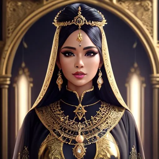 Prompt: fantasy, High Priestess, gorgeous, curve, stunning, fit, dark light skin, UHD, 8k, high quality, ultra quality, perfect composition, trending art, trending on artstation, sharp focus, studio photo, intricate details, cinematic lighting, special effects, hyper realism, hyper realistic, Very detailed, oil painting, full body, very detailed