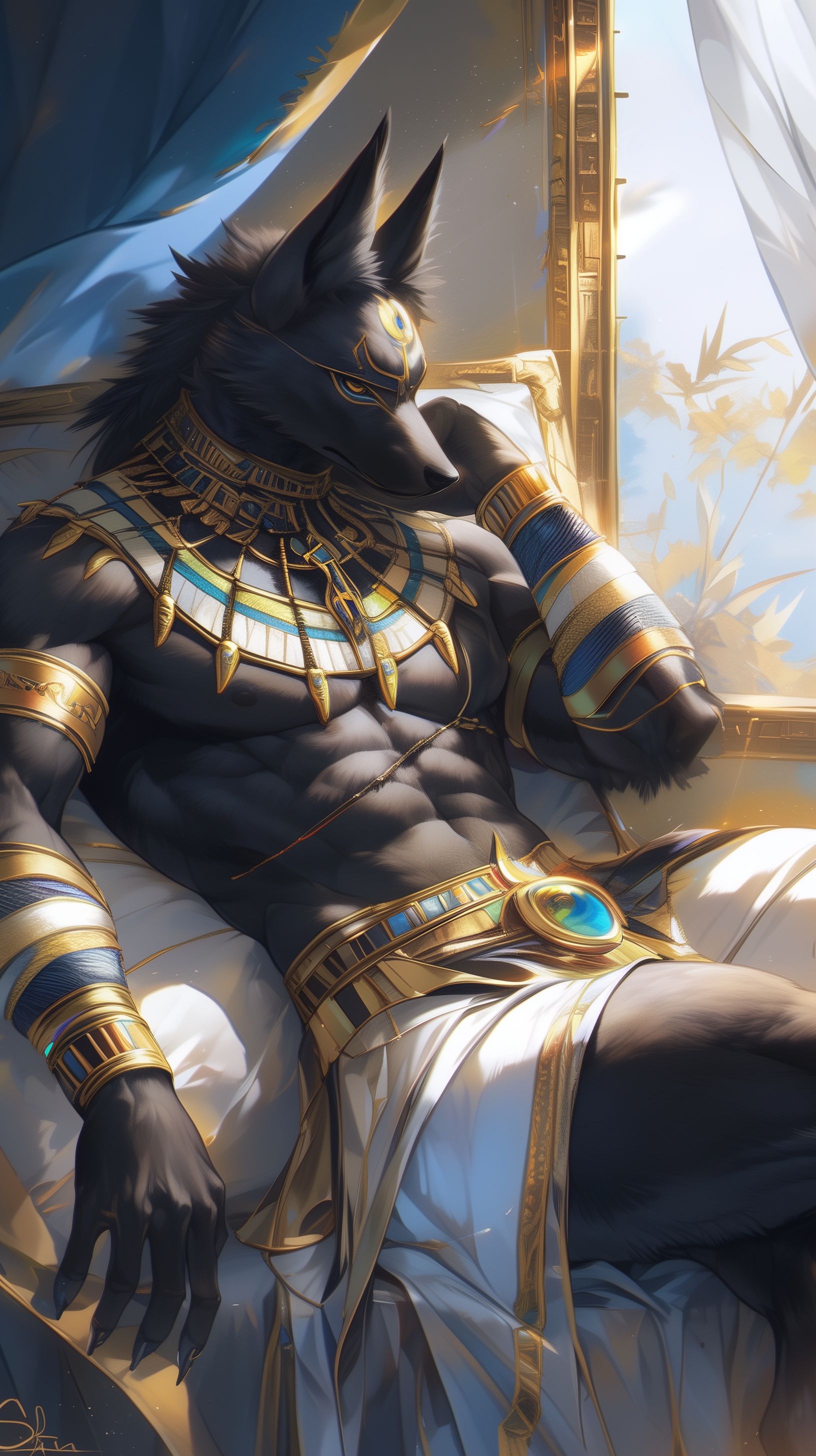 Prompt: a humanoid jackal, anthropromorphic, furry, the great god anubis, dark black fur, golden eyeliner, bright golden jewels, form fitting golden loin cloth, laying on his back on his bed with his head turned toward the viewer looking at you with a tender expression as the wind blows through his fuzzy thick fur, husband, lover, tender, photorealism, true to life animal, nitetime bedroom with curtains fluttering showing the moonlight and stars in the open window --ar 9:16 --niji 6