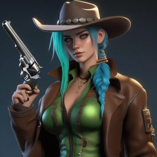 Prompt: She has a long, distinctive neon-green that fades to neon-blue hair in a ponytail, heterochromia eyes, wearing a long brown coat, grey vest, denim pants, black cowboy boots, holding a pistol, wearing a brown sheriff's cowboy hat, 8k, UHD, heavily detailed
