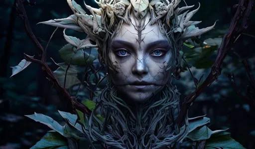 Prompt: humanoid face, but with delicate and pale features that contrast with its vegetal nature. Her eyes are mesmerizing, with greenish irises that seem to reflect nature itself. hair like a cascade of dark leaves and vines that blend with her skin. Its body is partially covered in an armor of twisted leaves and sharp thorns that resemble rose thorns. The armor has a pattern that resembles a winding vine, stretching from his shoulders down his legs. delicate but strong arms, with hands that seem to be made of intertwined leaves and branches. His fingers end in sharp claws, perfect for creating his magical plants. Its legs end in roots that extend to its feet, which are covered in roots and leaves. She seems to always be connected to the earth, as if she were part of it.