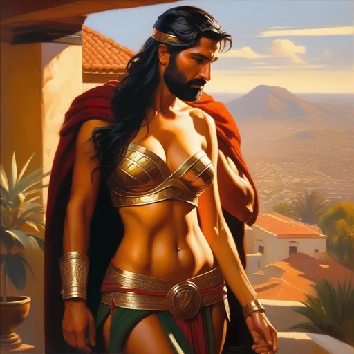 Prompt: King Leonidas impregnating Brazilian girl, olive skin, black hair, brown eyes, Los Angeles, warm atmosphere, cartoony style, extremely detailed painting by Greg Rutkowski and by Henry Justice Ford and by Steve Henderson 

